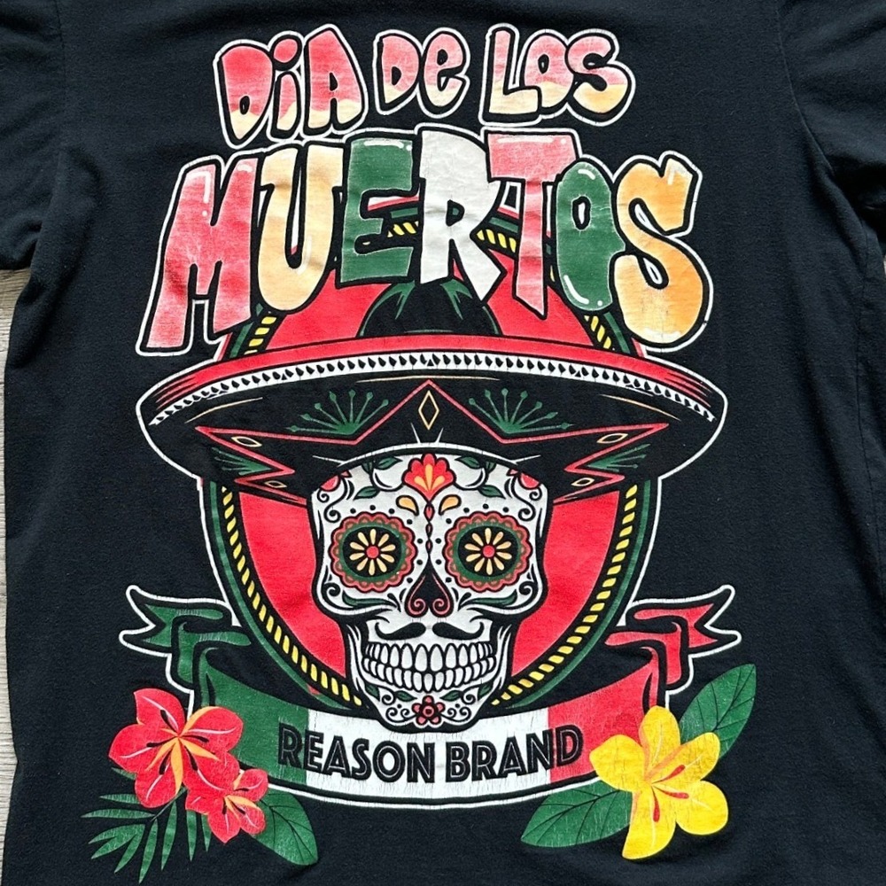 Reason Brand Dia De Los Muertos Sugar Skull Graphic Tshirt Black Small *FLAW*